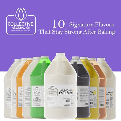 Collective Aromas Co. Almond Emulsion for Baking, Concentrated Almond Flavoring for Cakes, Cookies, Frosting & Fillings, Heat- Stable Liquid, 1 Gallon 128 fl oz, Kosher, Made in USA - size: Almond - 1 Gallon (128 fl oz)