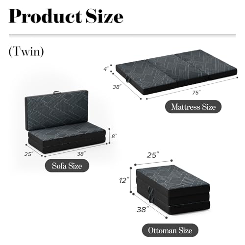 Vamcheer Folding Mattress Twin Size Foldable Mattress 4 Inch 75"x38"x4" | Tri Folding Mattress Trifold Memory Foam Mattress with Washable Cover, Handle & Non-Slip Bottom for Travel Camping Guest - size: Twin-4 inch