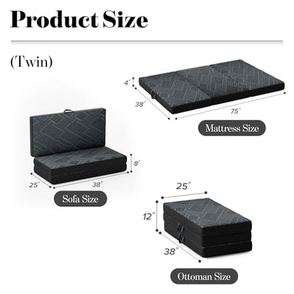 Vamcheer Folding Mattress Twin Size Foldable Mattress 4 Inch 75"x38"x4" | Tri Folding Mattress Trifold Memory Foam Mattress with Washable Cover, Handle & Non-Slip Bottom for Travel Camping Guest - size: Twin-4 inch