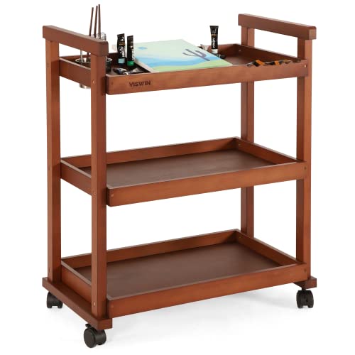Art Cart Organizer, Solid Beechwood Art Supply Storage Organizer with Caster Wheels, 3-Tier Multifunctional Rolling Utility Storage Cart for Studio, Classroom, Artists - Walnut - color: Walnut