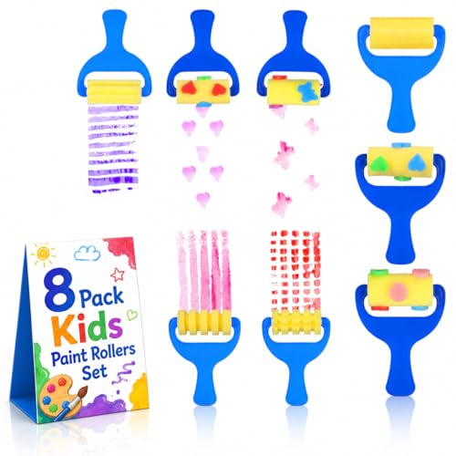STOBOK Kids Paint Rollers Set, 8Pcs Sponge Painting Brushes with Large and Pattern Rollers for Finger Painting, Art Craft, Classroom Projects and Home DIY Crafts