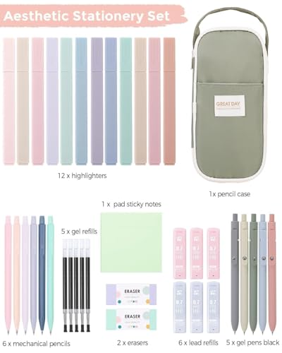 SKYDUE Aesthetic School Supplies Kit, 38 PCS Stationery Set with Large Pencil Case, Pens, Mechanical Pencil Set, Highlighters, Sticky Notes & Refills for Students, College & Back to School - color: Green