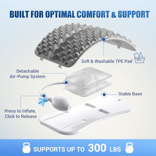 Back Stretcher for Back Pain, Adjustable Height & Soft Sponge Material | Lumbar Back Stretcher With Acupressure Points, Air Pump Adjustable Height, Spine Stretching Support, Scoliosis, Manual Includ - color: Grey