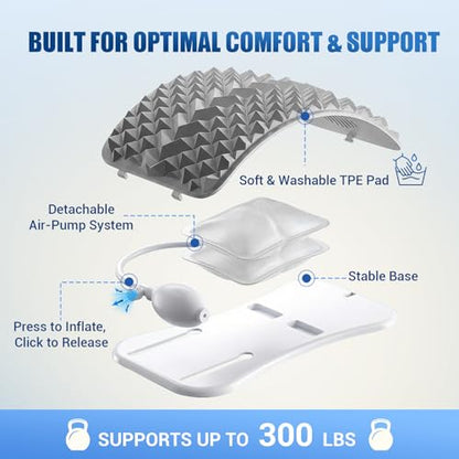 Back Stretcher for Back Pain, Adjustable Height & Soft Sponge Material | Lumbar Back Stretcher With Acupressure Points, Air Pump Adjustable Height, Spine Stretching Support, Scoliosis, Manual Includ - color: Grey
