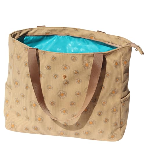 ESVAN LARGE BEACH BAG Water Resistant Lightweight 20 inch Women Oversize Tote Bag for Gym Beach Travel Pool Yoga Nurse - color: Corduroy Brown Daisy