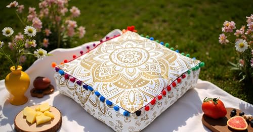 INDIAN CRAFT CASTLE Mandala Mandala Barmeri Large Floor Pillow Cover Cushion Meditation Seating Ottoman Throw Cover Hippie Decorative Zipped Bohemian Pouf Ottoman Cases (Golden, 16" Square)