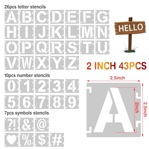 2 Inch Letter Stencils,43Pcs Reusable Letter Stencils for Painting | Alphabet Symbol Numbers Stencils Interlocking Kit for Painting on Wood, Wall, Fabric, Rocks, Chalkboard, Sign & DIY Art - size: 2 inch