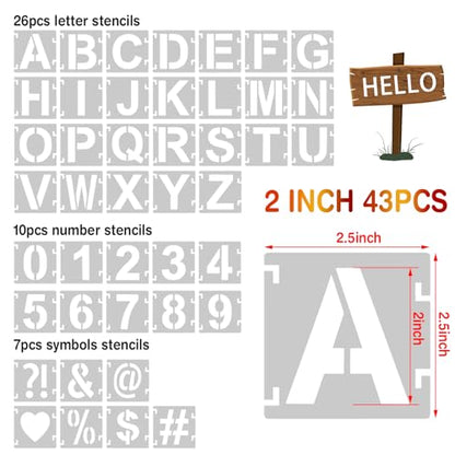 2 Inch Letter Stencils,43Pcs Reusable Letter Stencils for Painting | Alphabet Symbol Numbers Stencils Interlocking Kit for Painting on Wood, Wall, Fabric, Rocks, Chalkboard, Sign & DIY Art - size: 2 inch