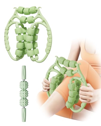 Massage Roller for Legs,21 Wheel Circular Leg Clamp+3 Wheel Massage Roller Stick Lymphatic Massage for Relieve Soreness Stiffness Tight Muscles Deep Tissue-Green - color: Green