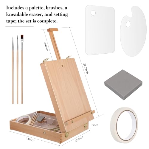 Set of 8 Painting Set Include Tabletop Easel,Palette,Brushes,Tape,Eraser | Tabletop Easel for Painting Portable Adjustable Wooden Sketch Storage Box Tabletop Art Easel Stand for Beginners Painting