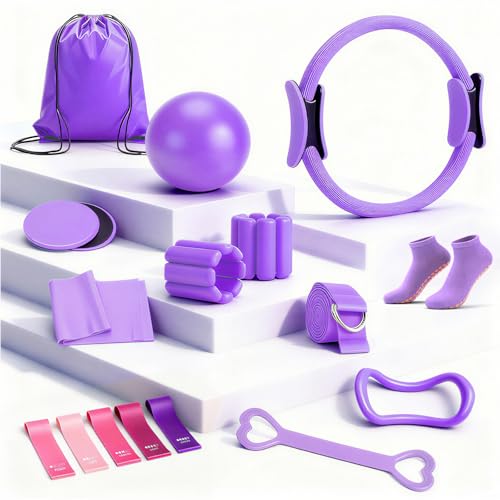 Pilates Equipment Kit for Home Workouts - 18pcs Set- 14'' Pilates Ring and Ball Set for Women, Pilates/Yoga Accessories Kit with Wrist Weights, Resistance Bands, Core Sliders, Yoga Strap - color: purple M