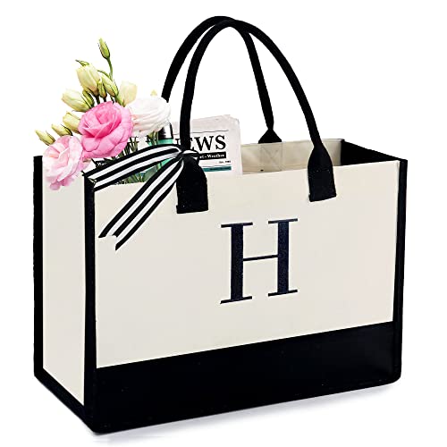 BeeGreen Embroidery Monogram Initial Tote Bag for Women Teacher Mom Friend Personalized Gift for Birthday Beach Work Wedding - color: Natural & Black, style: H