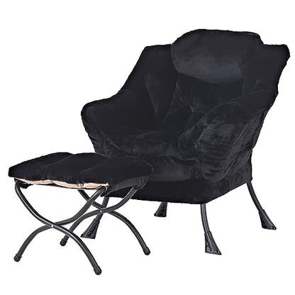 Tiita Lazy Chair with Ottoman, Comfy Reading Accent Chair, Plush Black | Foldable Footrest, Padded Seat and Backrest, Side Pocket for Lounging in Living Rooms, Bedrooms, Dorms and Small Spaces - color: Plush-blak
