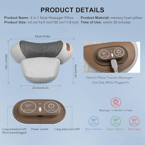 Neck Massager Pillow with Heat & Air Traction, Ergonomic Cervical Support | Auto & Manual Controls with Adjustable Air Lift for a More Flexible Neck Support Experience