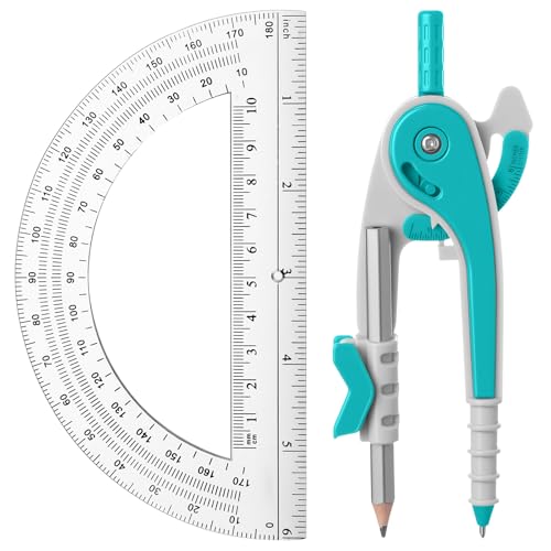 EBOOT Student Geometry Math Set, Drawing Compass and 6 Inch Clear Swing Arm Protractors 180 Degree Math Protractor(Turquoise) - color: Turquoise