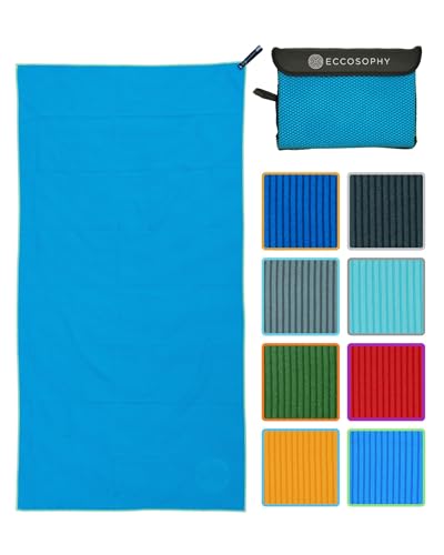 ECCOSOPHY Microfiber Beach Towel, Quick Dry Gym Towel, Sand Free, 40x20 | Ribbed texture, super absorbent, lightweight, quick dry, hanging loop, pouch, travel pool yoga fitness, Azure - color: Azure, size: Small (40"x20")