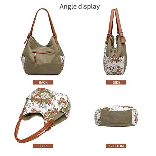 Worldlyda Women Canvas Hobo Purse Multi Pocket Tote Shopper Shoulder Bag Casual Top Handle handbag with Embroidery Ethnic - color: Be06army Green Flower