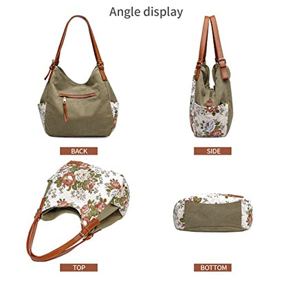 Worldlyda Women Canvas Hobo Purse Multi Pocket Tote Shopper Shoulder Bag Casual Top Handle handbag with Embroidery Ethnic - color: Be06army Green Flower