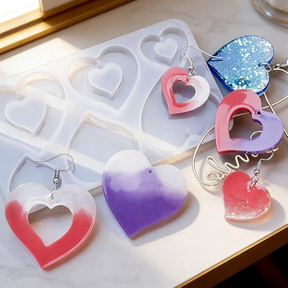 4PCSValentine's Day Heart Jewelry Silicone Mold Making Kit Ornament Silicone Mold for Casting Earring Epoxy UV Resin Keychain Cement Molds Hearts Chocolate Molds for Concrete Soap Keychain Craft Gummy