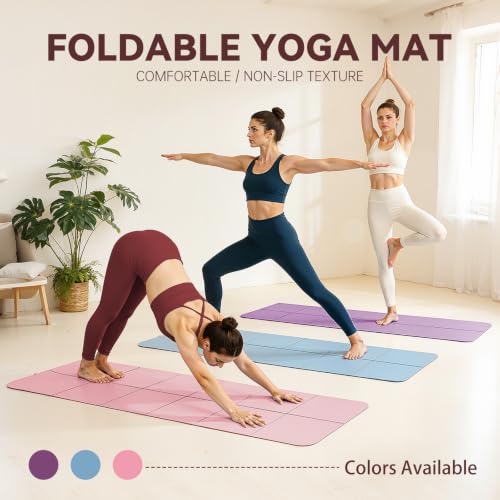Foldable Yoga Mat Thick Non-Slip Exercise Mat | Packable Travel Fitness Mat, Carrying Bag Included, For Yoga, Pilates, Workout, Home & Gym Use - color: pink