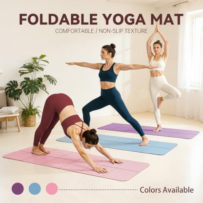 Foldable Yoga Mat Thick Non-Slip Exercise Mat | Packable Travel Fitness Mat, Carrying Bag Included, For Yoga, Pilates, Workout, Home & Gym Use - color: pink