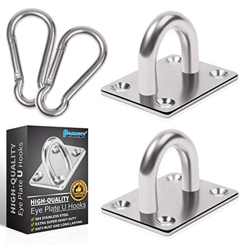 Premium M8 Heavy-Duty Stainless Steel Pad Eye Snap Hook, Ceiling Hook, 4PCS | 2PCS Eye Hooks + 2PCS Snap Hooks, Hanging Kit with Screws for Hammock Chair Swing, Yoga, Gym, Sun Shade Sail, Plant Hangers