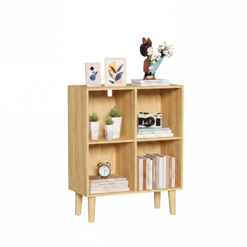 4 Cube Bookcase, Wooden Book Shelf Cube Storage Organizer with Legs, 2 Tier Bookshelf Freestanding Open Shelves for Living Room, Bedroom, Home Office (Oak, 4 Cube) - color: Oak, size: 4 Cube