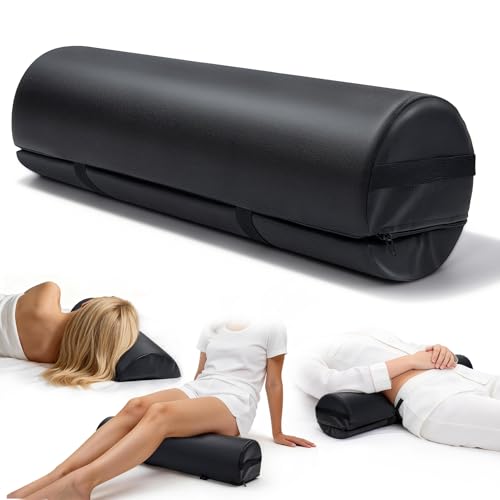 Massage Table Bolster Pillow with Strap Handle, 26 x 8 x 8 In Adjustable Bolster Pillow PU Leather, 1/4 & 3/4 Round Bolster Use Separately or Combine for Leg Neck Knee Support & Pain Relief, Black