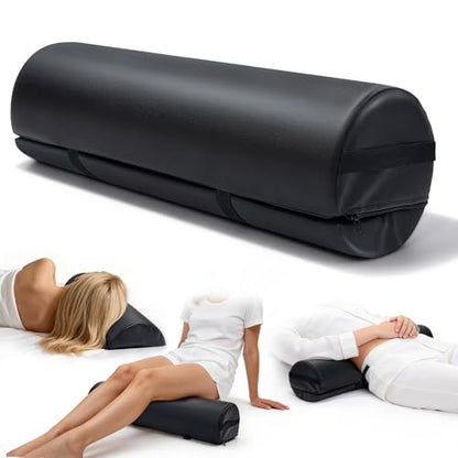 Massage Table Bolster Pillow with Strap Handle, 26 x 8 x 8 In Adjustable Bolster Pillow PU Leather, 1/4 & 3/4 Round Bolster Use Separately or Combine for Leg Neck Knee Support & Pain Relief, Black