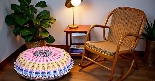 CRAFT KALA 22" Floor Pillows Cover for Sitting, Large Meditation Cushions Cover for Adults, Bohemian Mandala Round Pouf Seating Ottoman Cover for Outdoor Yoga and Living Room Pink Yellow Floral - color: Pink Yellow Floral, size: 22"
