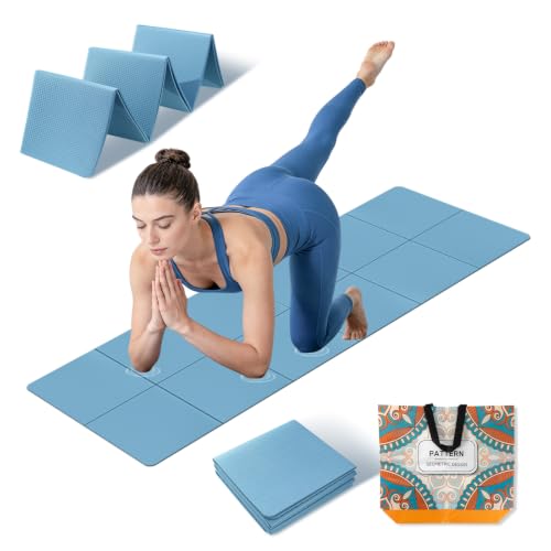 Foldable Yoga Mat Thick Non-Slip Exercise Mat | Packable Travel Fitness Mat, Carrying Bag Included, For Yoga, Pilates, Workout, Home & Gym Use - color: blue