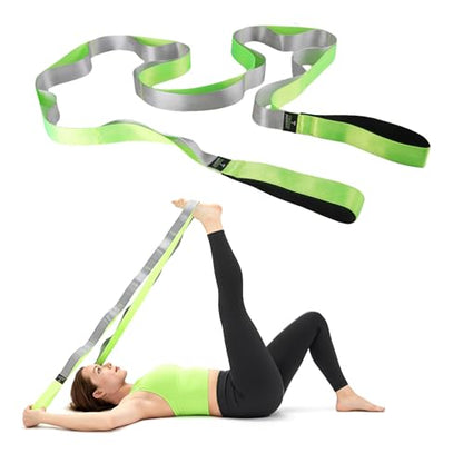 TAVIEW Yoga Strap for Stretching – Stretch Band with 12 Loops –Multi-Grip Pilates Hamstring Stretcher Belt – Physical Therapy Equipment for Best Flexibility - color: Green & Black