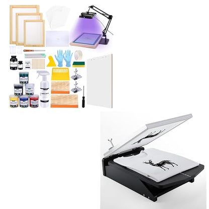 Caydo 66 PCS All-in-One Screen Printing Kit - 50W LED UV Exposure Screen Printing Light, Screen Printing Ink, Screen Printing Photo Emulsion, Instructions with 15.7x12.2inch Screen Printing Press