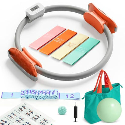 Magic Circle Pilates Equipment Kit with Smart Counter - 14" Pilates Ring and Ball Set with Yoga Ball, Resistance Bands, Stretching Strap, Massage Ball & Bag for Home Full Body Workouts