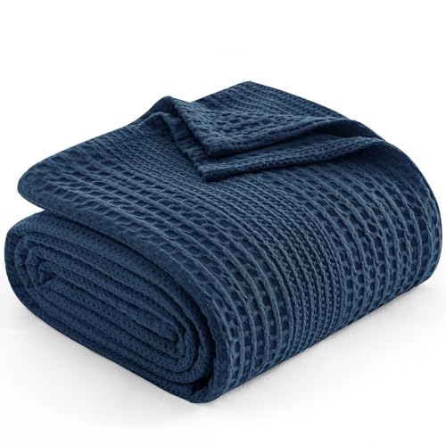 PHF Lightweight Waffle Weave Blanket Queen for Bed Navy Blue 90"x90" - color: Navy Blue, size: Queen(90"x90")