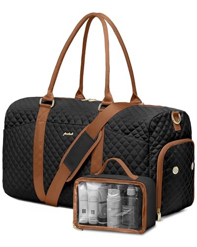 Women Weekender Travel Duffle Bag: Travel Duffel Overnight Bags with Shoe Compartment Large Carry on Tote with Toiletry Bag Weekend Traveling Yoga Gym Hospital Bag for Women with Wet Pocket - color: 09-Black Brown, size: Large
