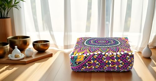 CRAFT KALA 대형 히피 만다라 명상 바닥 오토만 베개 쿠션 푸프 커버 스퀘어 푸프 보헤미안 원형 바닥 쿠션 케이스 야외 벽난로 요가 거실 장식 커버 뉴 핑크, 40.6cm(16인치) 정사각형 - color: 핑크 색상, size: 16"D x 16"W x 5"H