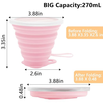 Litoexpe 2 Pack Silica gel Collapsible Travel Cup 270ml, Pink & Green | with Lids, Portable Folding Camping Cup, for Camping and Travel - color: Pink & Green