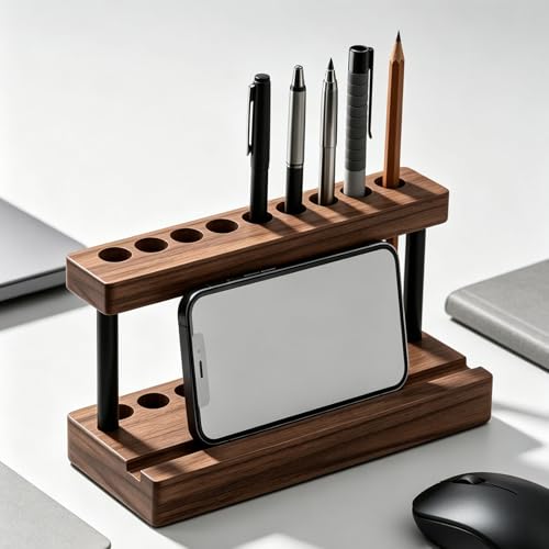 Pencil & Pen Holder for Desk, Solid Walnut Pen Display Stand with 9 Slots and Cell Phone Holder, Aesthetic Pen Organizer for Minimalist Office Desk Decor