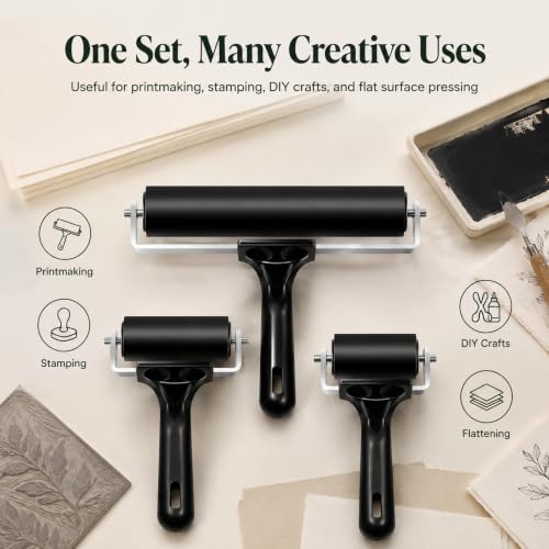 PhotonOcean 3-Pack Rubber Brayer Rollers for Crafting, Printmaking | Hard rubber craft rollers (2.4", 4", 7.9") for gluing, stamping, wallpaper and vinyl application.