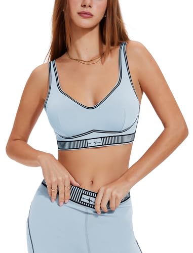 Sports Bra High Impact V Neck for Women, Adjustable Scalloped Straps Color Block U-Back Push Up Yoga Workout Gym Bra - color: Blue, size: X-Large