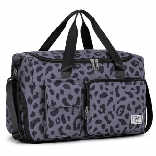 FIORETTO Women's Gym Duffle Bag with Shoes Compartment, 30L Capacity, Ideal for Travel, Gym, Sports, Duffel, Weekender - color: Leopard Grey, style: Gym Bag