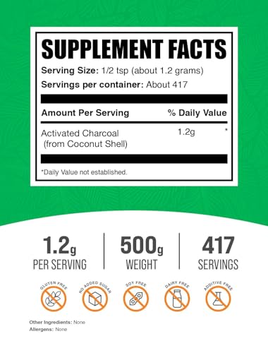 BulkSupplements.com Activated Charcoal Powder - from Coconut Charcoal, for Teeth Whitening - Vegan & Gluten Free, 1.2g per Serving, 500g (1.1 lbs) (Pack of 1) - size: 1.1 Pound (Pack of 1)