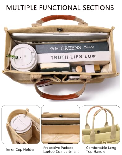 ZHMO Canvas Tote Bag for Women,Women's Bags Crossbody Bags Work Laptop Tote Bag Large Handbags Purse for Travel Nurse Teacher - color: Canvs Cute Khaki With Compartments