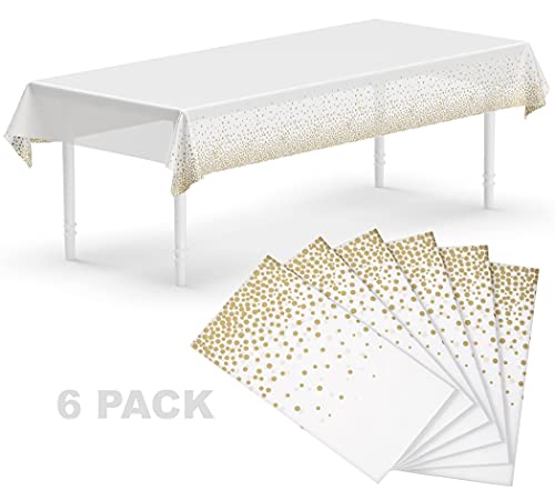 Neatiffy 54 x 108 Inch Rectangle Plastic Table Cloth Picnic/Camping/Birthday Party/Banquet Table Cover. Disposable/Reusable Tablecloths - White with Golden Dot - color: White With Golden Dot