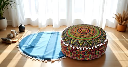 INDIAN CRAFT CASTLE ICC Floor Pillows & Cushion Covers Decorative Hippie Mandala Pouf Pillow Covers Seating Meditation Cushion Cover Large Boho Ottoman Case Pillowcase Couch New Blue, 16" Round - color: New Blue, size: 16"D x 16"W x 5"H