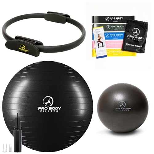 ProBody Pilates 4 pc Kit - Pilates Ring, 65 cm Yoga Ball, 9" Exercise Ball and Resistance Bands