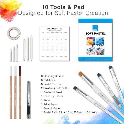 COLOUR BLOCK Soft Pastels All-in-One Art Set 66 PCS, 48 Nature Spectrum Colors Square Chalk Pastels, Blending Tools, Pencils, Brushes, Palette Knife, Pad for Beginners and Professional Artists