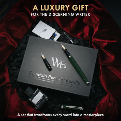 Wordsworth & Black Fountain Pen Gift Set, Medium & Extra Fine Nib, Green | For Men & Women, Brass Body, 18K German Iridium, Ink Bottle + 6 Cartridges, Converter, Writing & Calligraphy, Journaling - color: Green Chrome