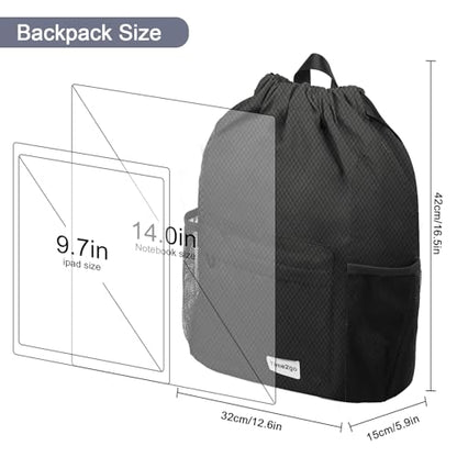 Waterproof Drawstring Backpack Sports Gym Sackpack with Mesh Pockets Water-Resistant String Cinch Beach Bag for Men Women - color: Solid - Black
